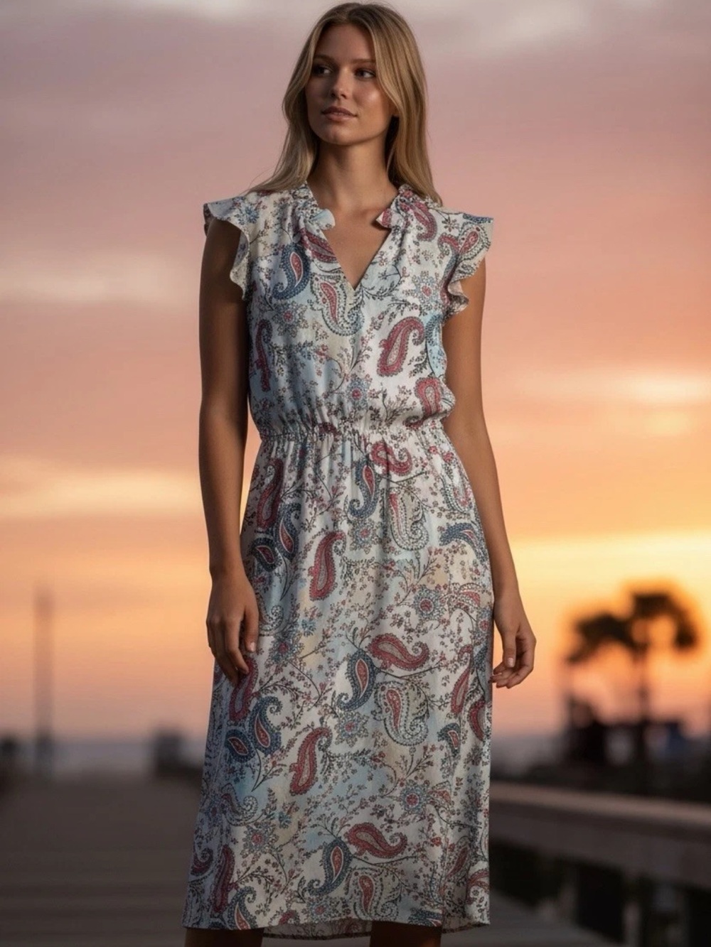 Ann Taylor Cream Midi Dress with Pink and Blue Paisley Print